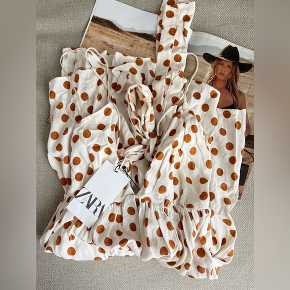 New Zara Polka Dot Mini Dress With Ties In Brown/Cream Size XS - Picture 12 of 12